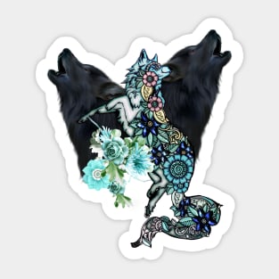 Wonderful elegant fox with flowers and wolves Sticker